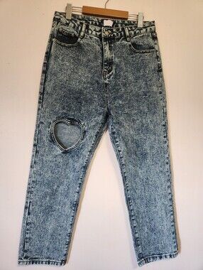 Tal Y2K Acid Wash Heart Cutout Straight Leg Jeans Size 32 EUC Grunge Streetwear
